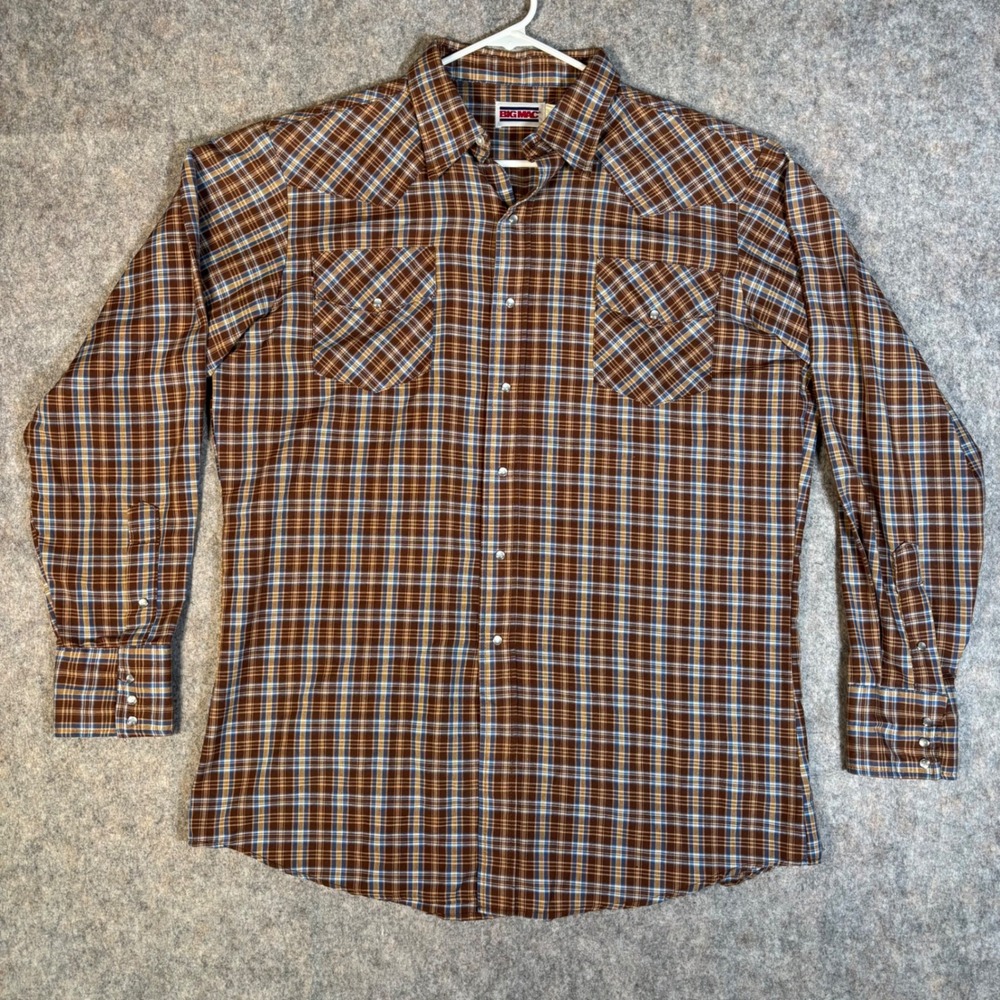Big Mac Western Shirt Mens XLT Brown Plaid Pearl Snap Vintage Made in USA Shirt